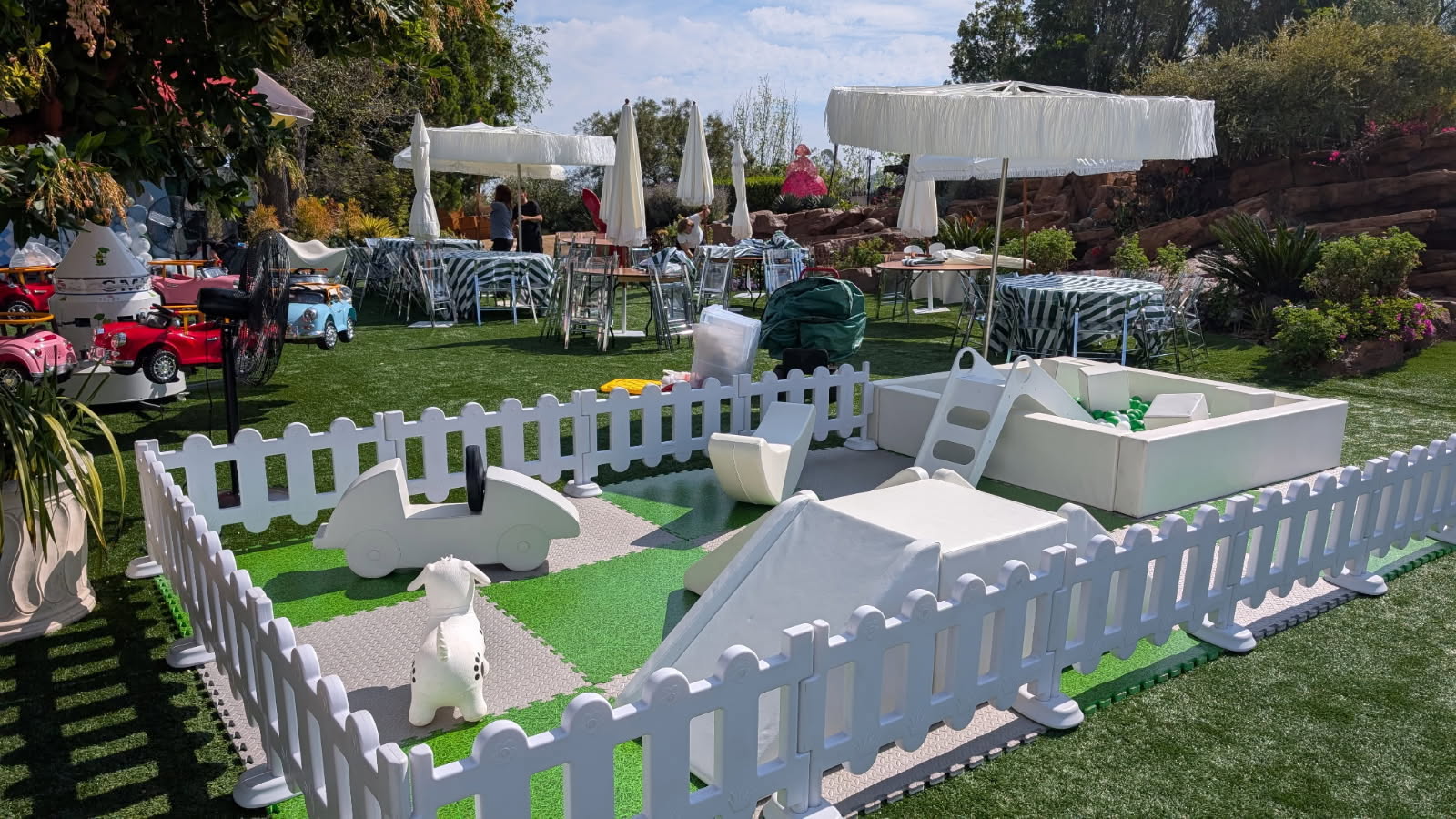 Garden party setup with pastel soft play in Westlake Village